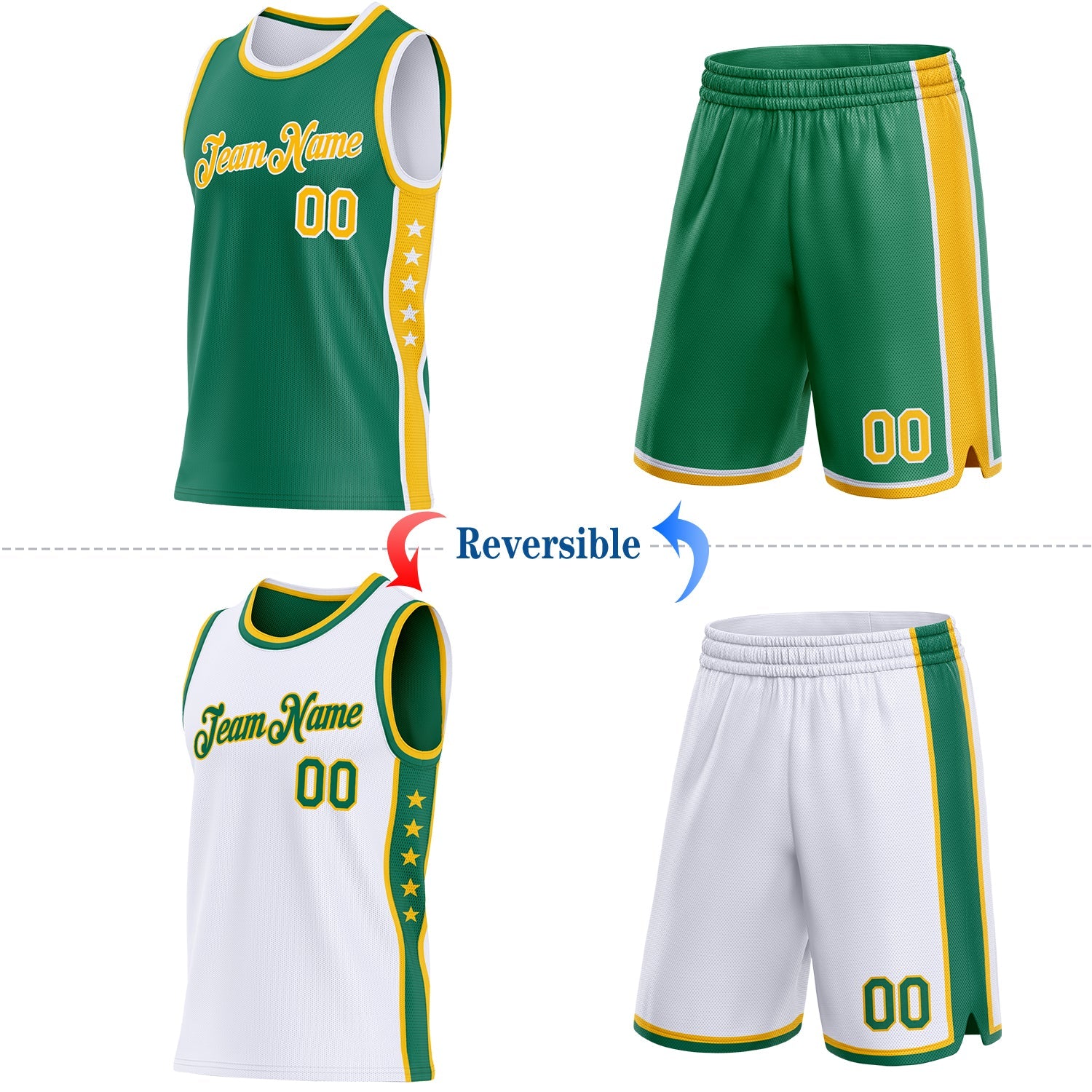 Custom Reversible Kelly Green Gold-White Double Side Star Sublimation Basketball Set Jersey view 2