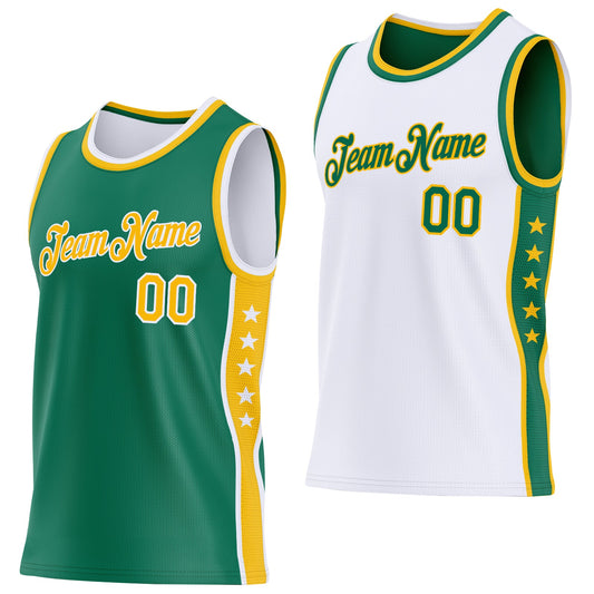 Custom Reversible Kelly Green Gold-White Double Side Star Sublimation Basketball Set Jersey - Main View