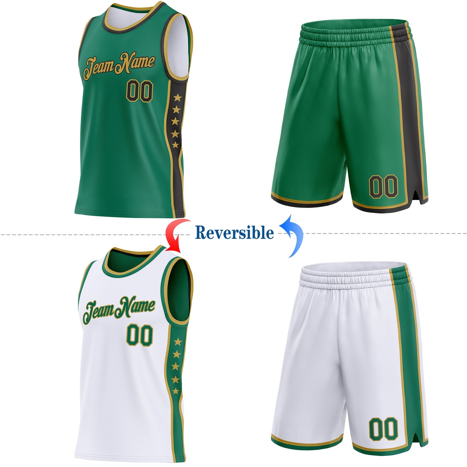 Custom Reversible Kelly Green Black-Old Gold Double Side Star Sublimation Basketball Set Jersey view 2