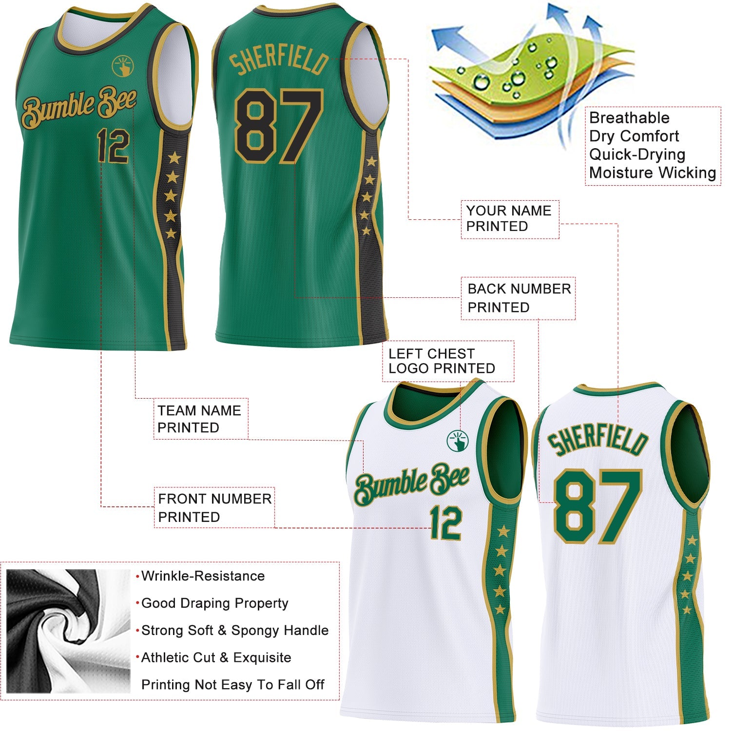 Custom Reversible Kelly Green Black-Old Gold Double Side Star Sublimation Basketball Set Jersey view 5