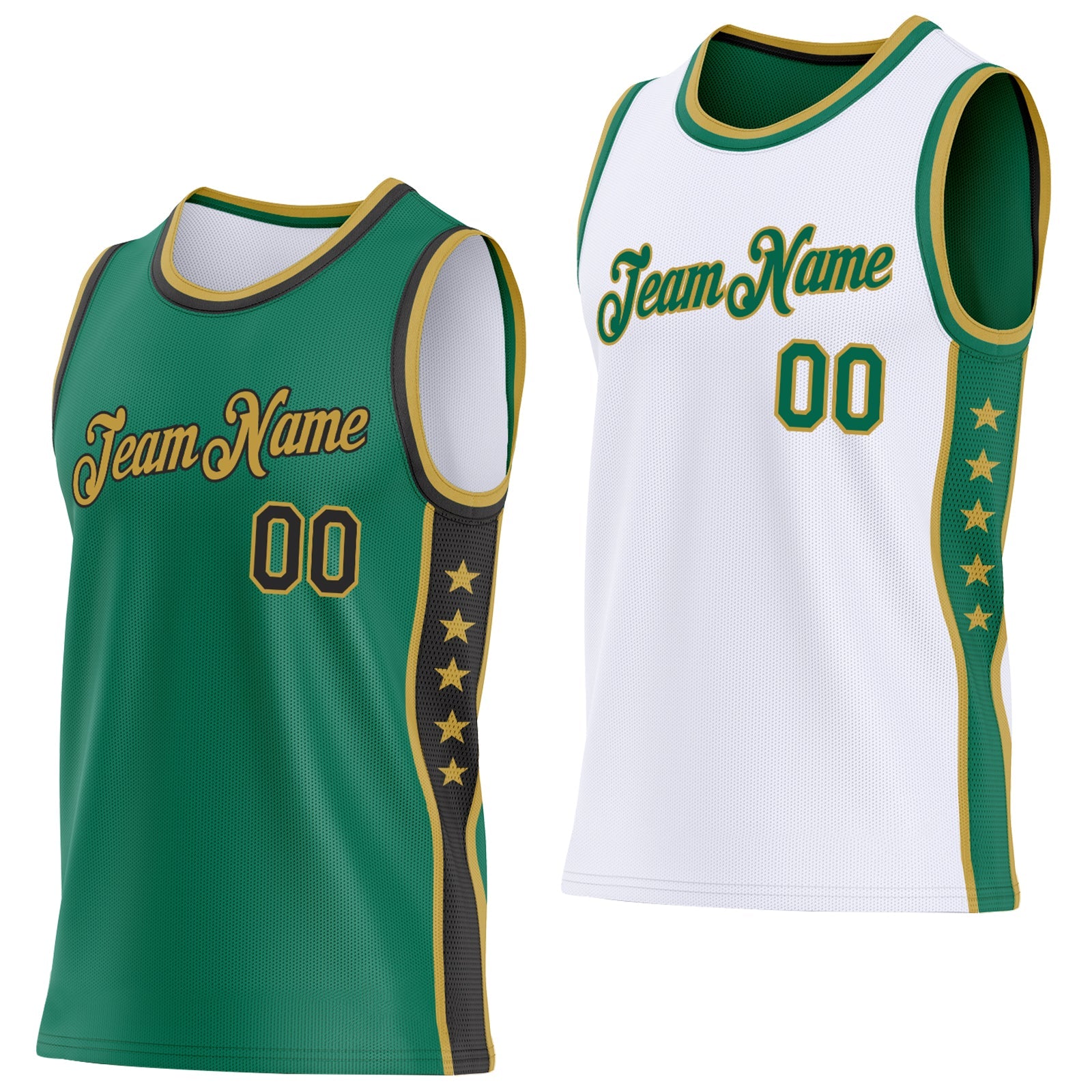 Custom Reversible Kelly Green Black-Old Gold Double Side Star Sublimation Basketball Set Jersey - Main View