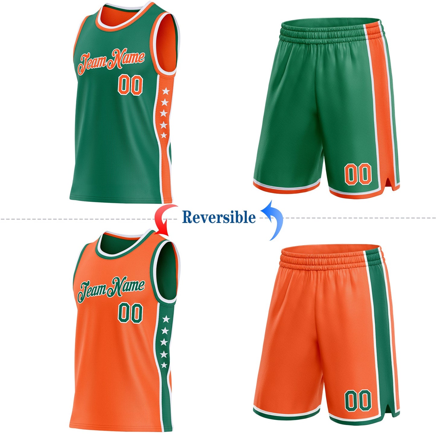 Custom Reversible Kelly Green Orange-White Double Side Star Sublimation Basketball Set Jersey view 2