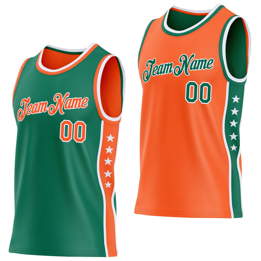 Custom Reversible Kelly Green Orange-White Double Side Star Sublimation Basketball Set Jersey - Main View