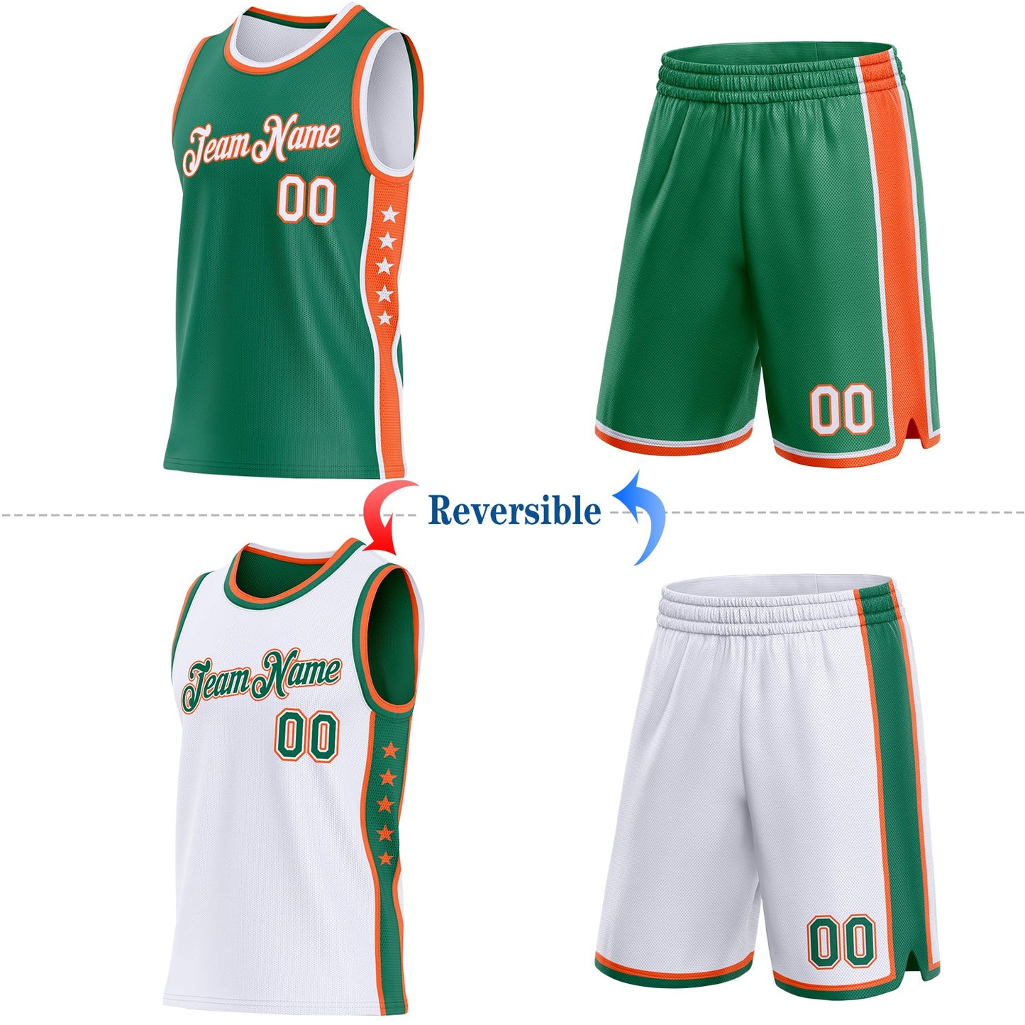 Custom Reversible Kelly Green White-Orange Double Side Star Sublimation Basketball Set Jersey view 2