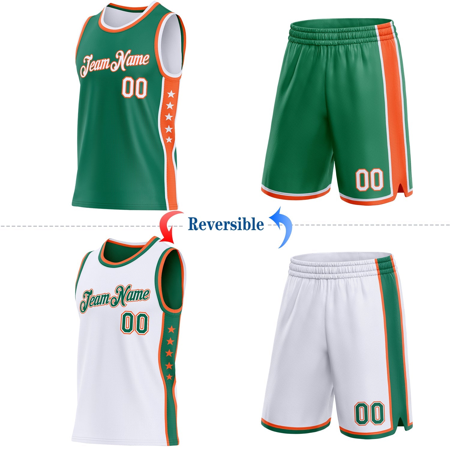 Custom Reversible Kelly Green White-Orange Double Side Star Sublimation Basketball Set Jersey view 2