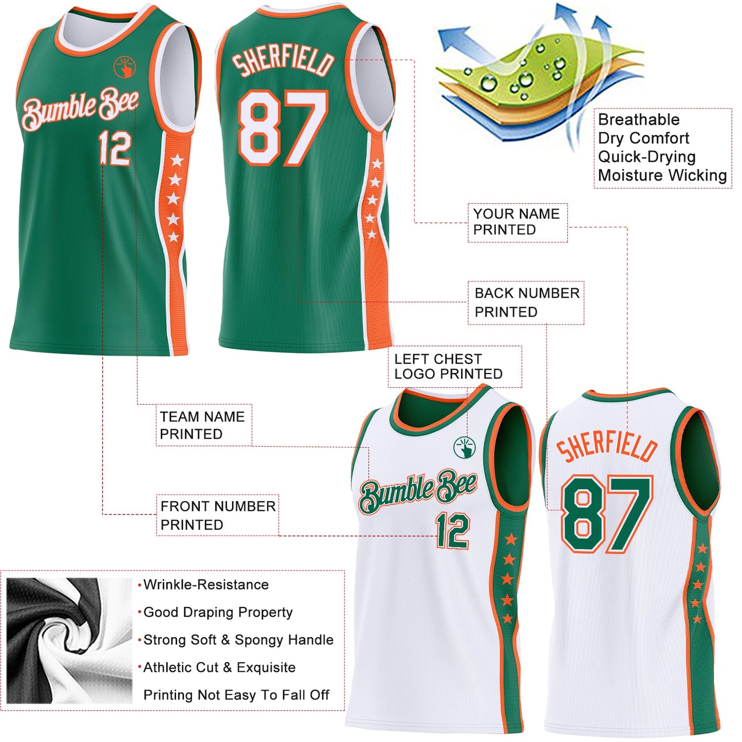 Custom Reversible Kelly Green White-Orange Double Side Star Sublimation Basketball Set Jersey view 5
