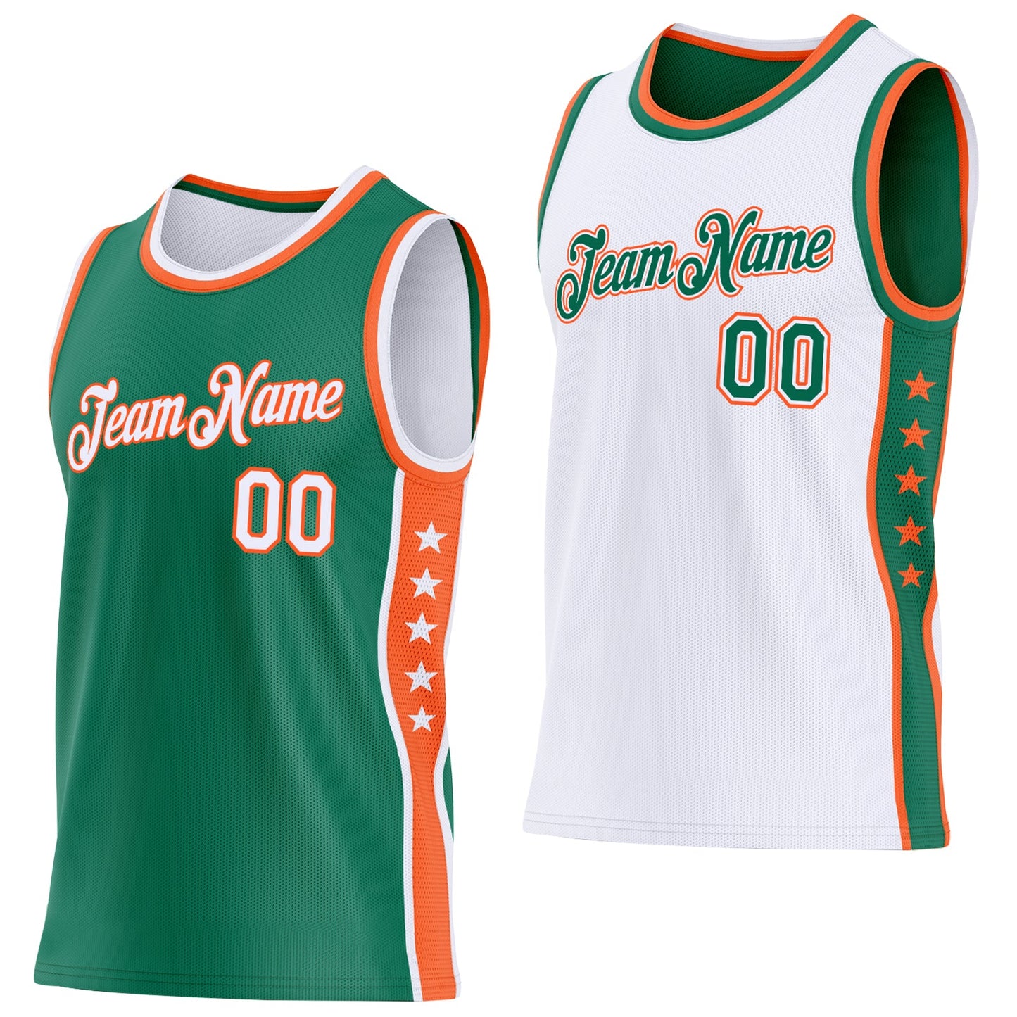 Custom Reversible Kelly Green White-Orange Double Side Star Sublimation Basketball Set Jersey - Main View