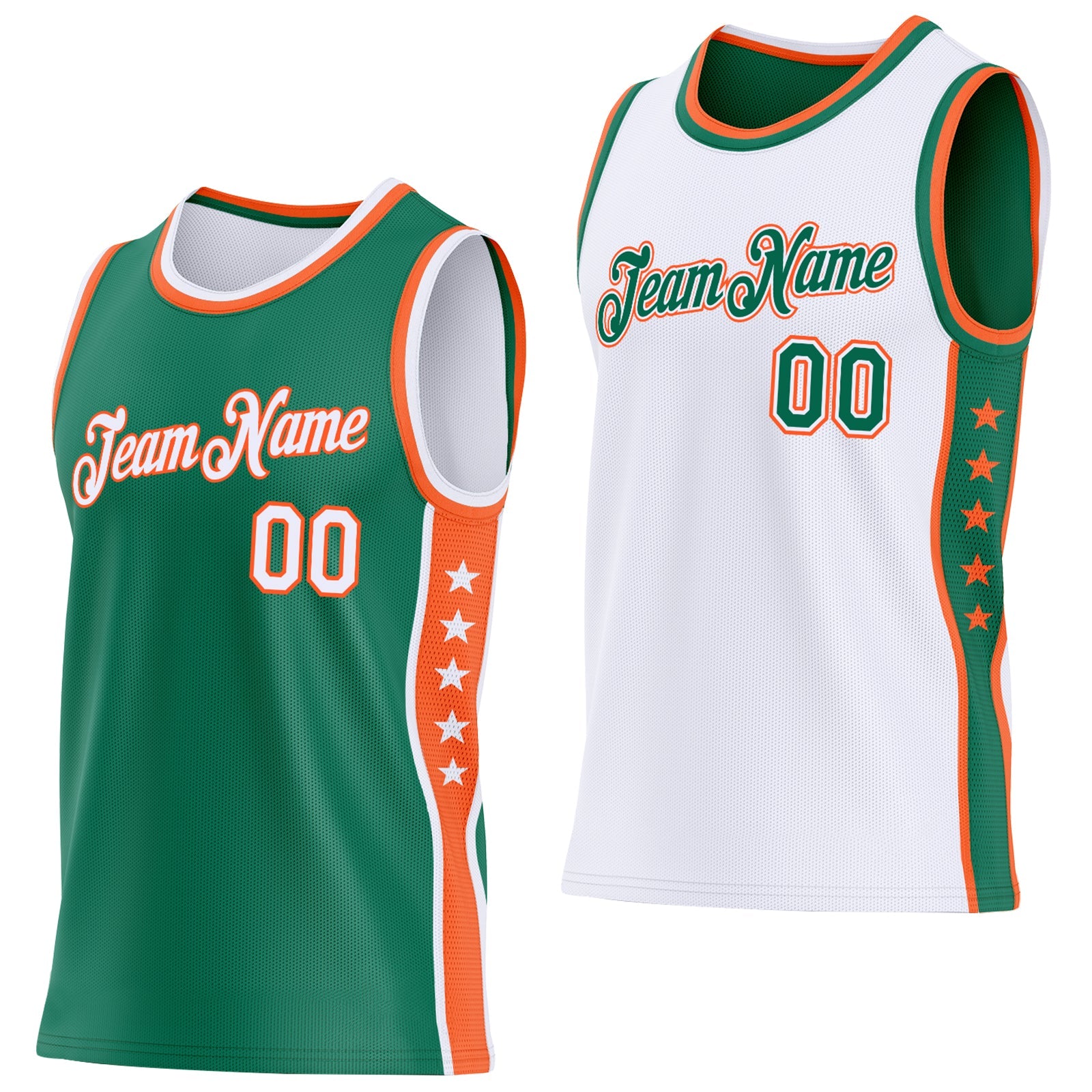 Custom Reversible Kelly Green White-Orange Double Side Star Sublimation Basketball Set Jersey - Main View