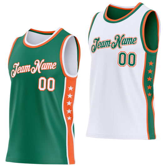 Custom Reversible Kelly Green White-Orange Double Side Star Sublimation Basketball Set Jersey - Main View
