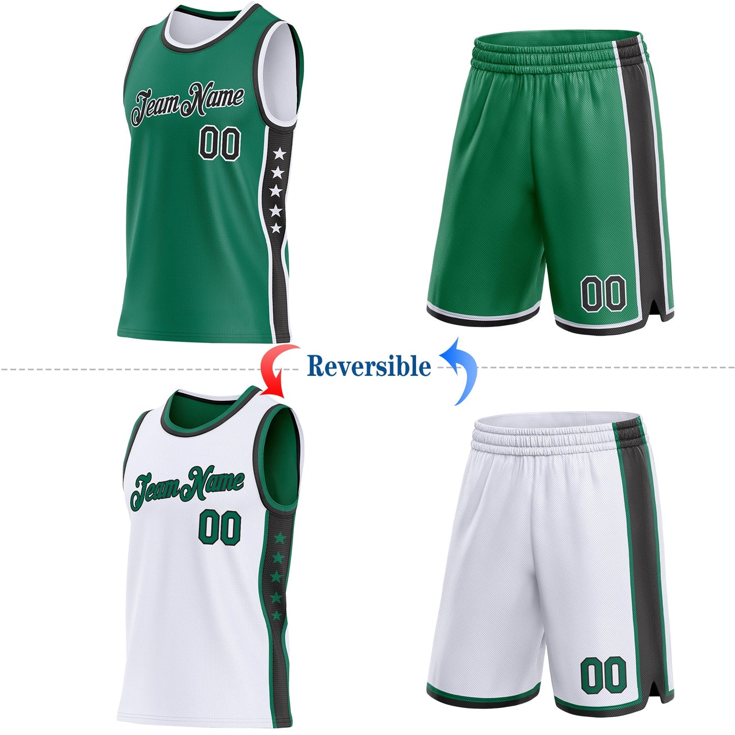 Custom Reversible Kelly Green Black-White Double Side Star Sublimation Basketball Set Jersey view 2
