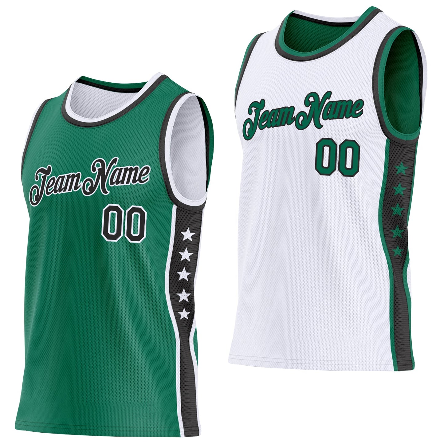 Custom Reversible Kelly Green Black-White Double Side Star Sublimation Basketball Set Jersey - Main View