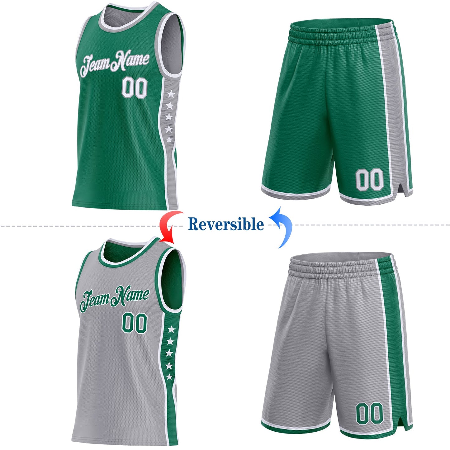 Custom Reversible Kelly Green White-Gray Double Side Star Sublimation Basketball Set Jersey view 2