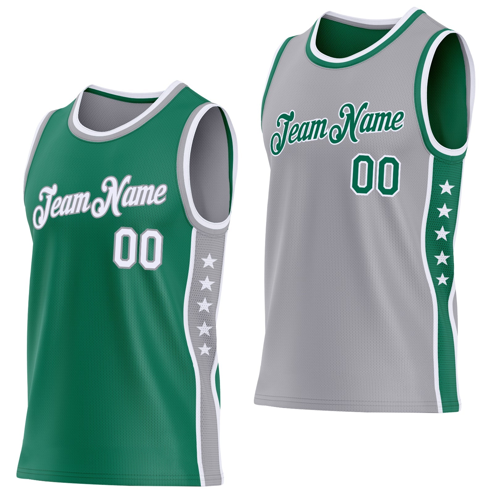 Custom Reversible Kelly Green White-Gray Double Side Star Sublimation Basketball Set Jersey - Main View