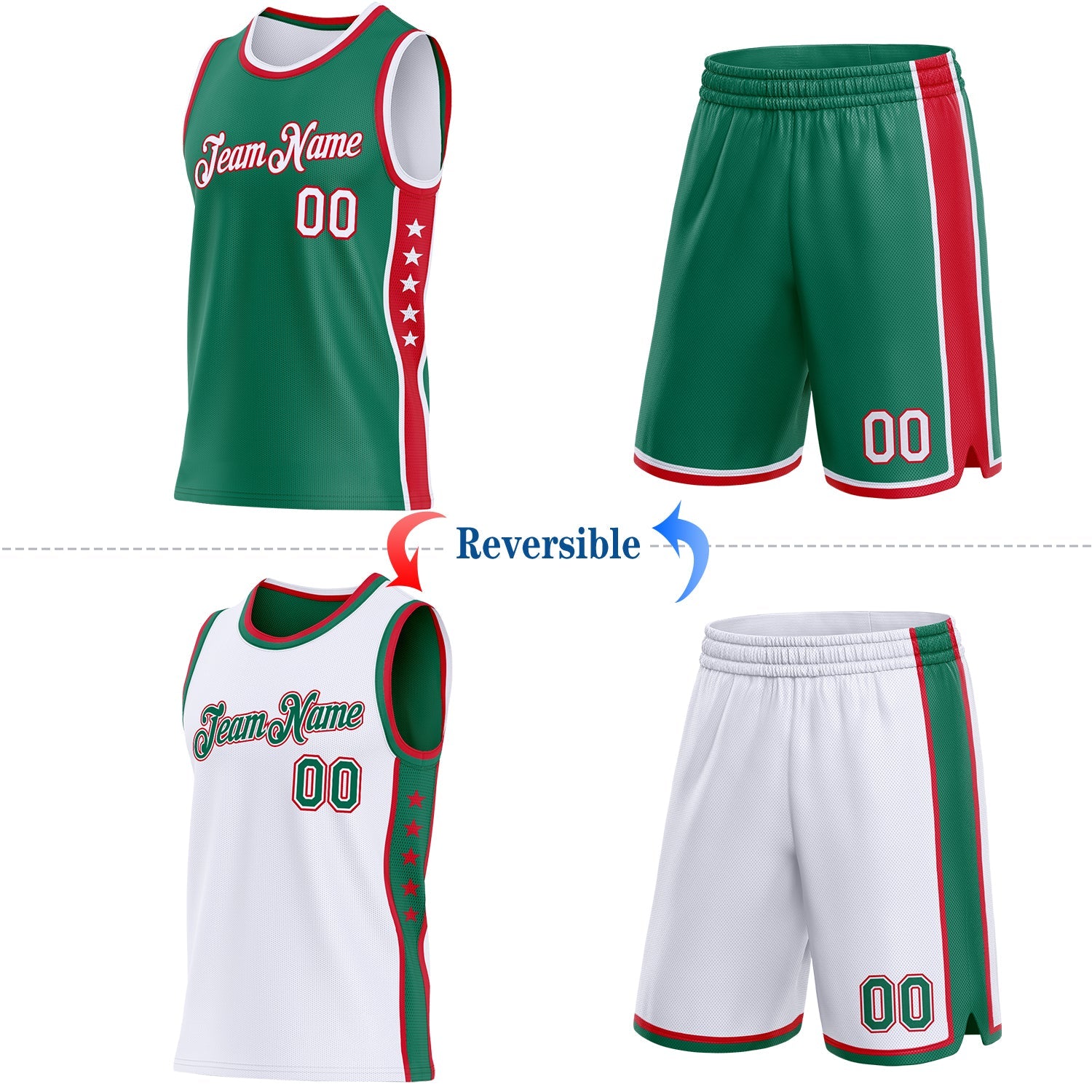 Custom Reversible Kelly Green White-Red Double Side Star Sublimation Basketball Set Jersey view 2