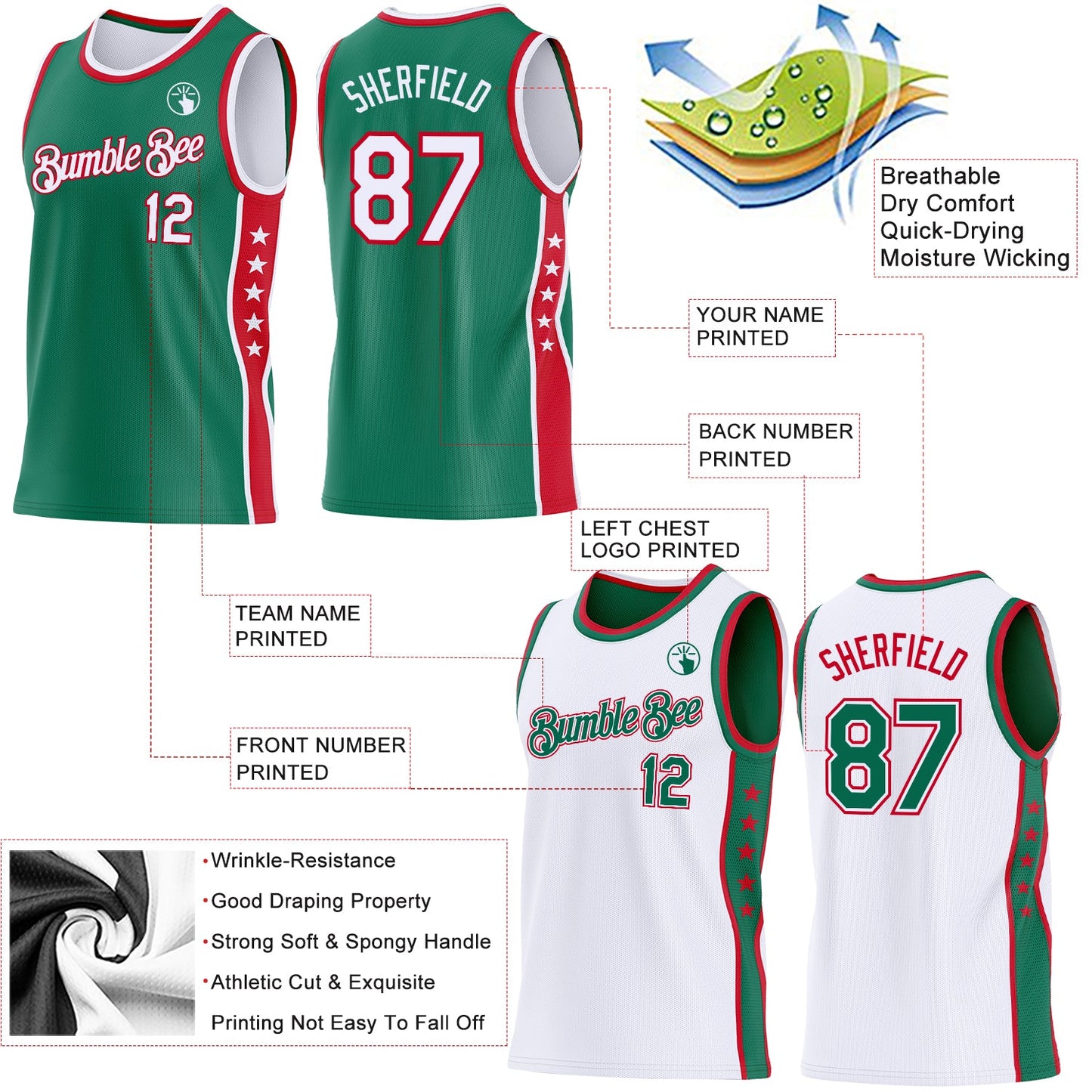 Custom Reversible Kelly Green White-Red Double Side Star Sublimation Basketball Set Jersey view 5