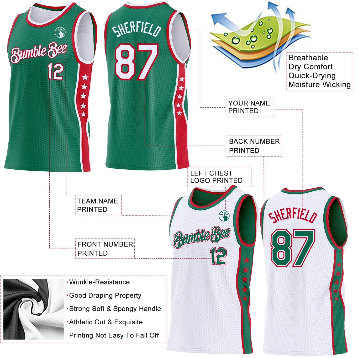 Custom Reversible Kelly Green White-Red Double Side Star Sublimation Basketball Set Jersey view 5