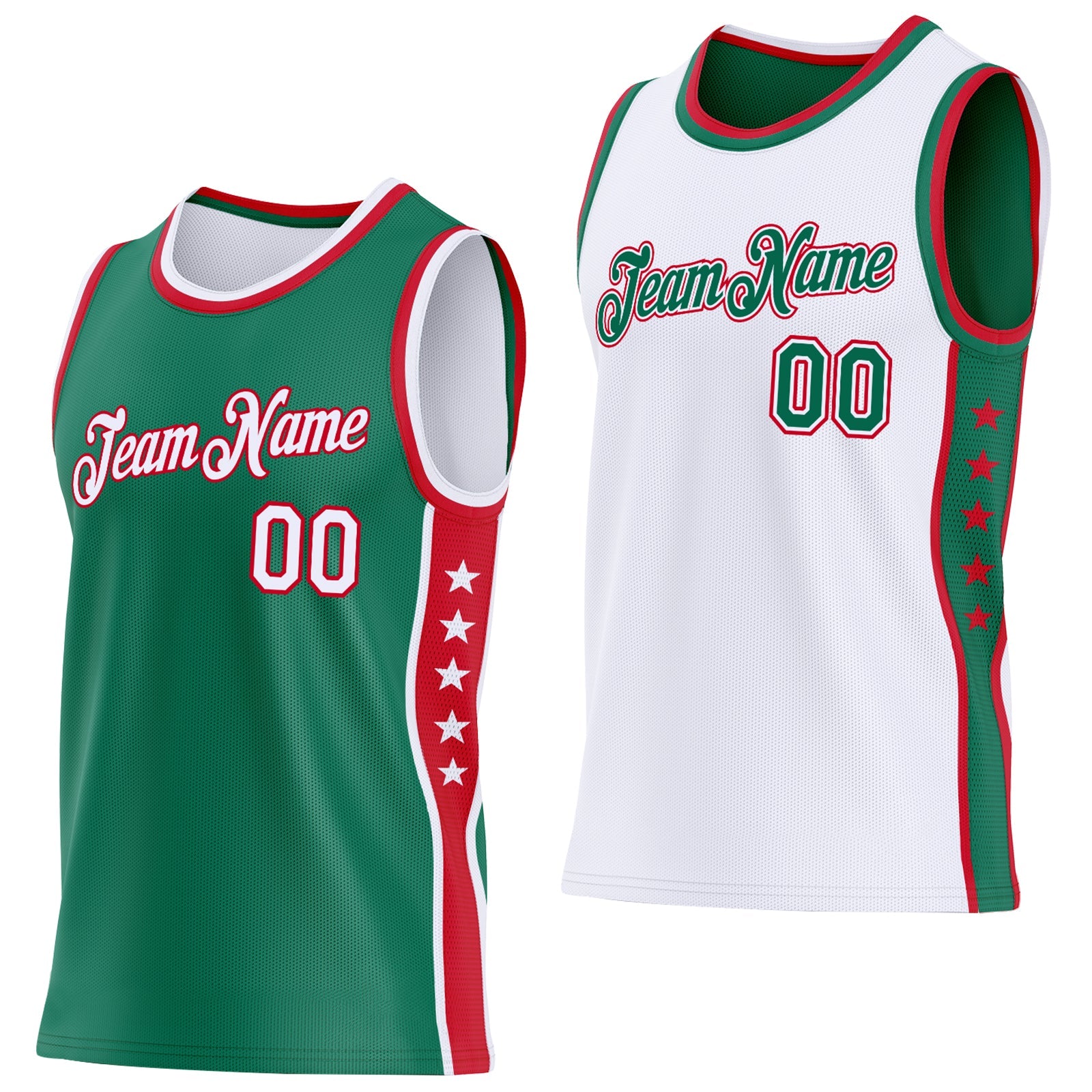 Custom Reversible Kelly Green White-Red Double Side Star Sublimation Basketball Set Jersey - Main View