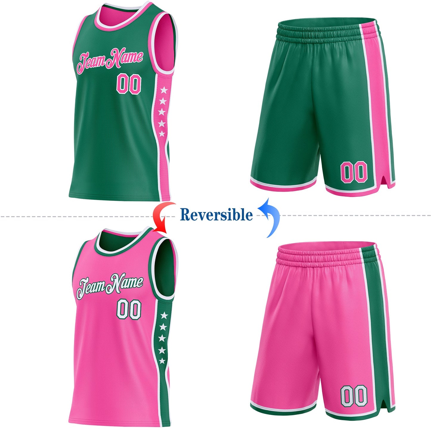 Custom Reversible Kelly Green Pink-White Double Side Star Sublimation Basketball Set Jersey view 2