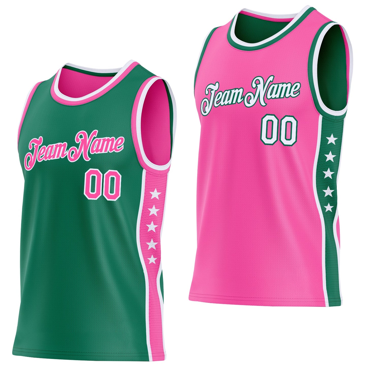 Custom Reversible Kelly Green Pink-White Double Side Star Sublimation Basketball Set Jersey - Main View