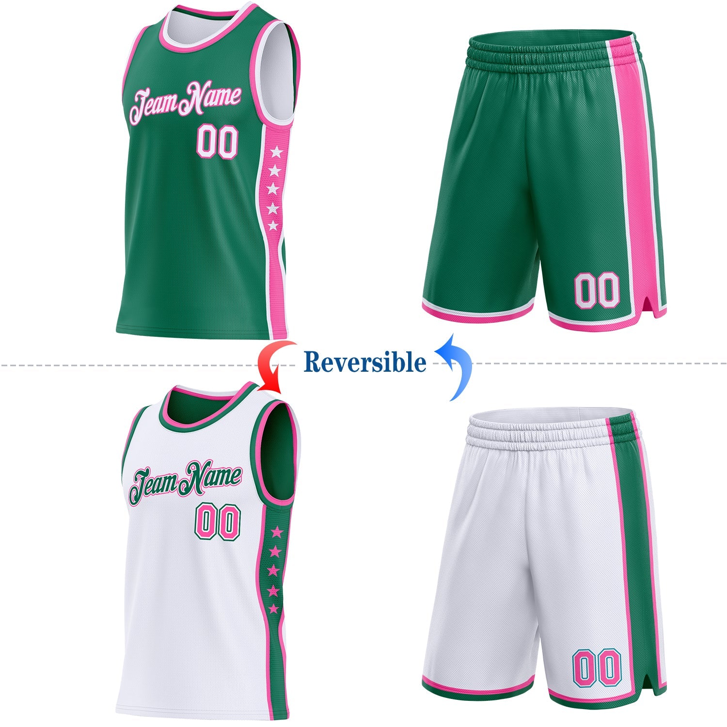 Custom Reversible Kelly Green White-Pink Double Side Star Sublimation Basketball Set Jersey view 2