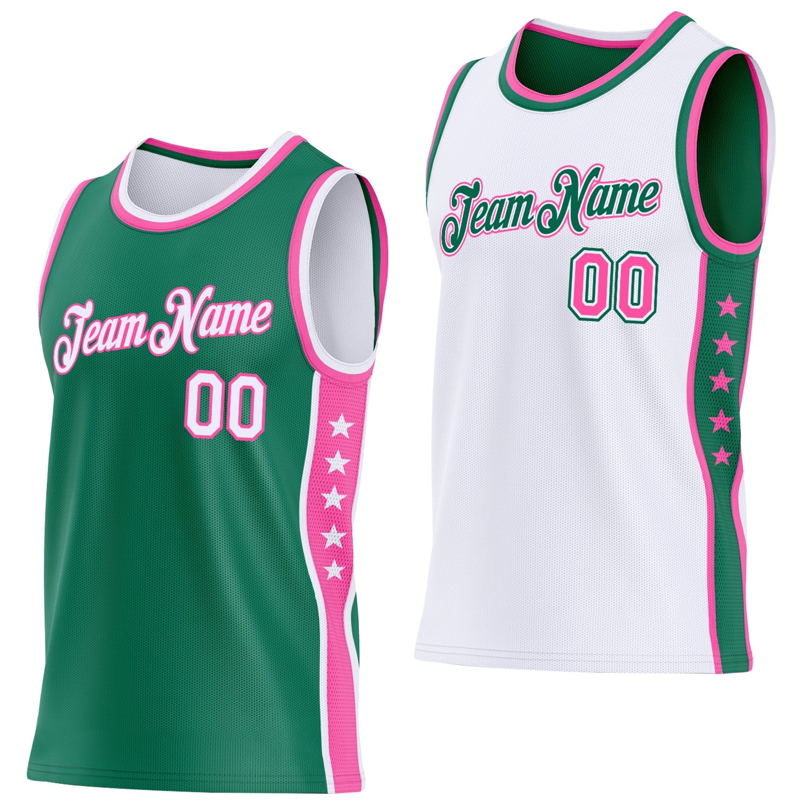 Custom Reversible Kelly Green White-Pink Double Side Star Sublimation Basketball Set Jersey - Main View