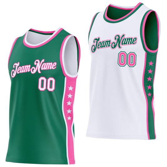 Custom Reversible Kelly Green White-Pink Double Side Star Sublimation Basketball Set Jersey - Main View