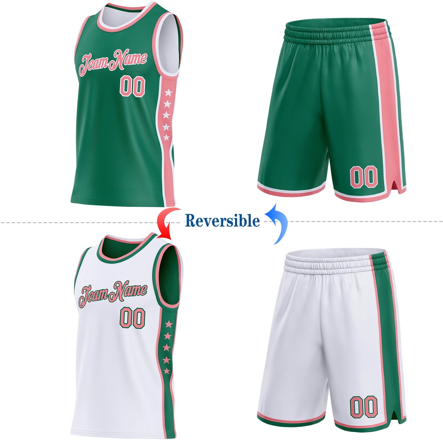Custom Reversible Kelly Green Medium Pink-White Double Side Star Sublimation Basketball Set Jersey view 2