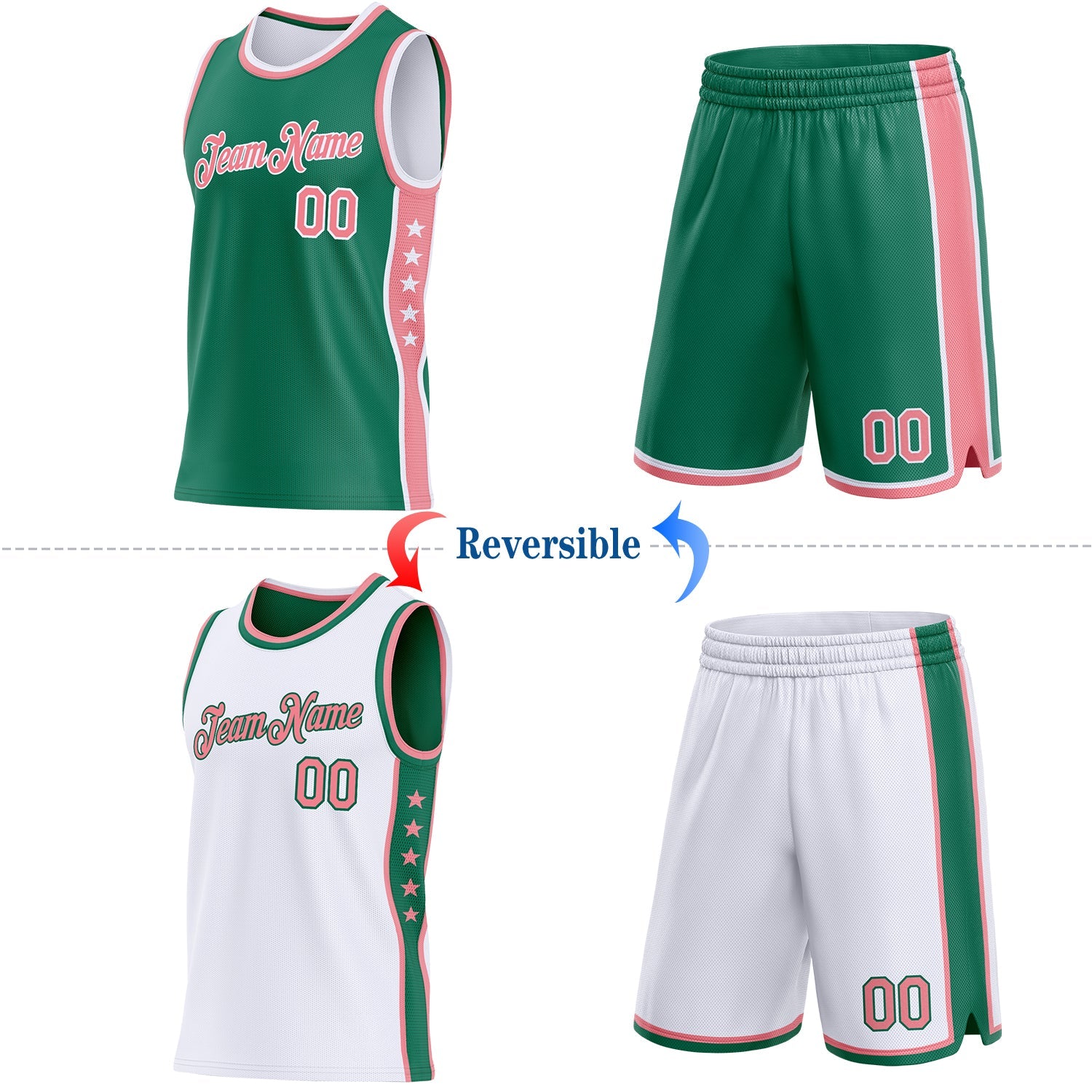 Custom Reversible Kelly Green Medium Pink-White Double Side Star Sublimation Basketball Set Jersey view 2