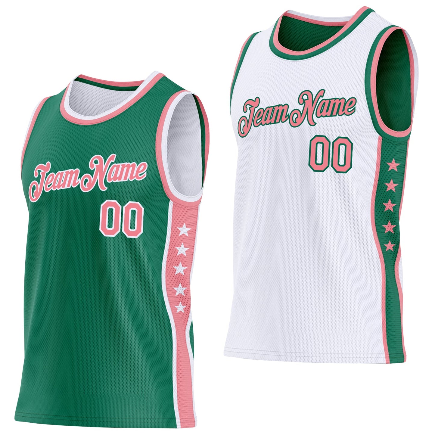 Custom Reversible Kelly Green Medium Pink-White Double Side Star Sublimation Basketball Set Jersey - Main View