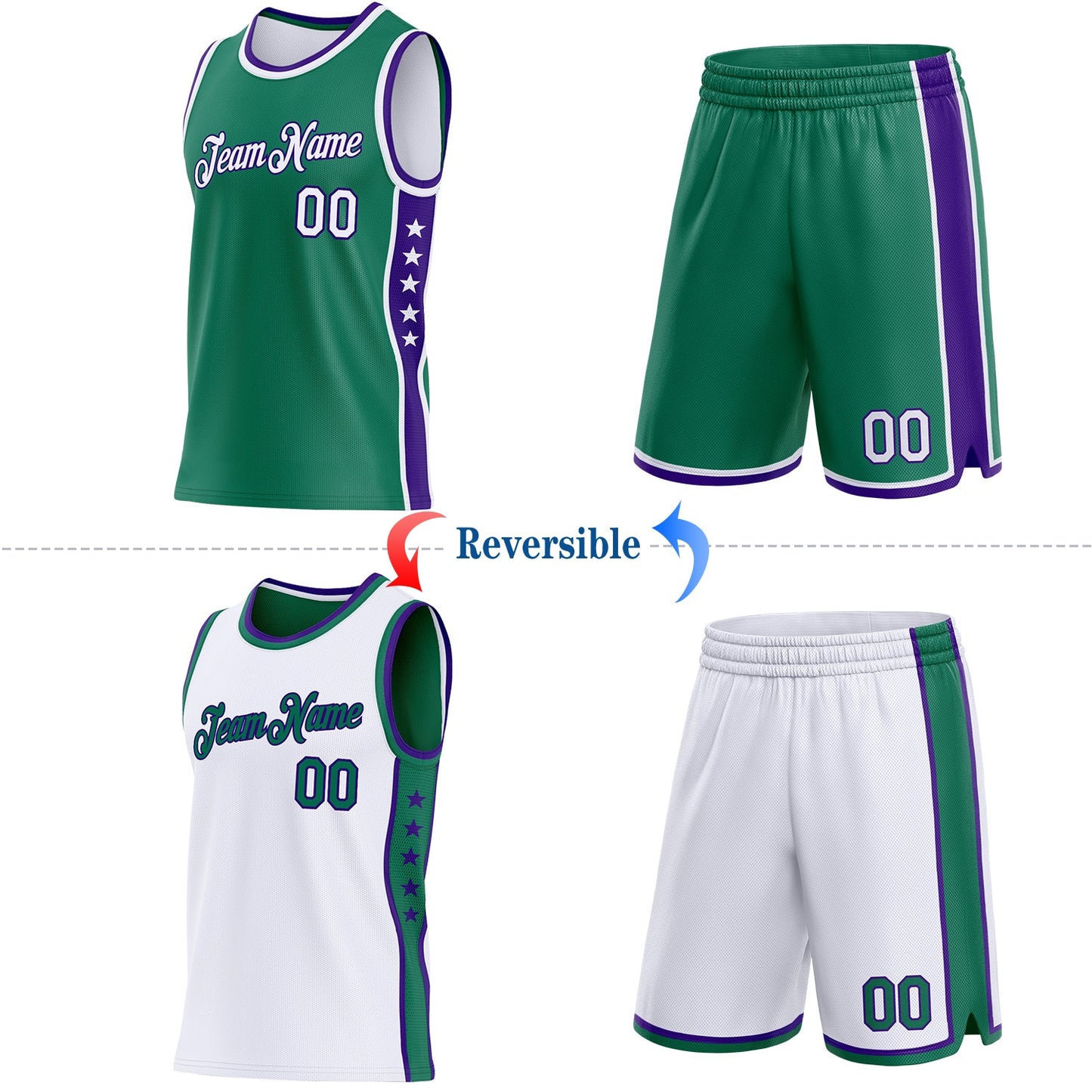 Custom Reversible Kelly Green White-Purple Double Side Star Sublimation Basketball Set Jersey view 2
