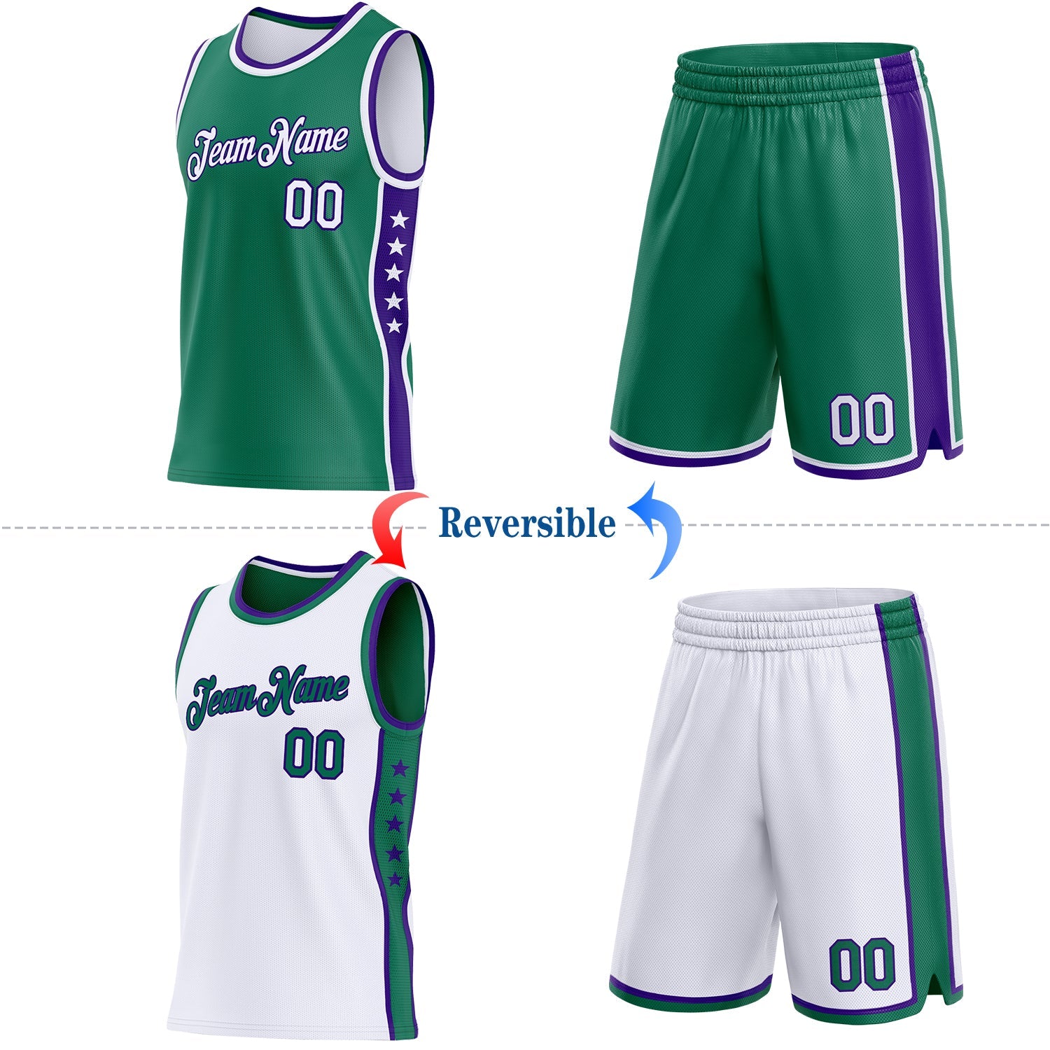 Custom Reversible Kelly Green White-Purple Double Side Star Sublimation Basketball Set Jersey view 2
