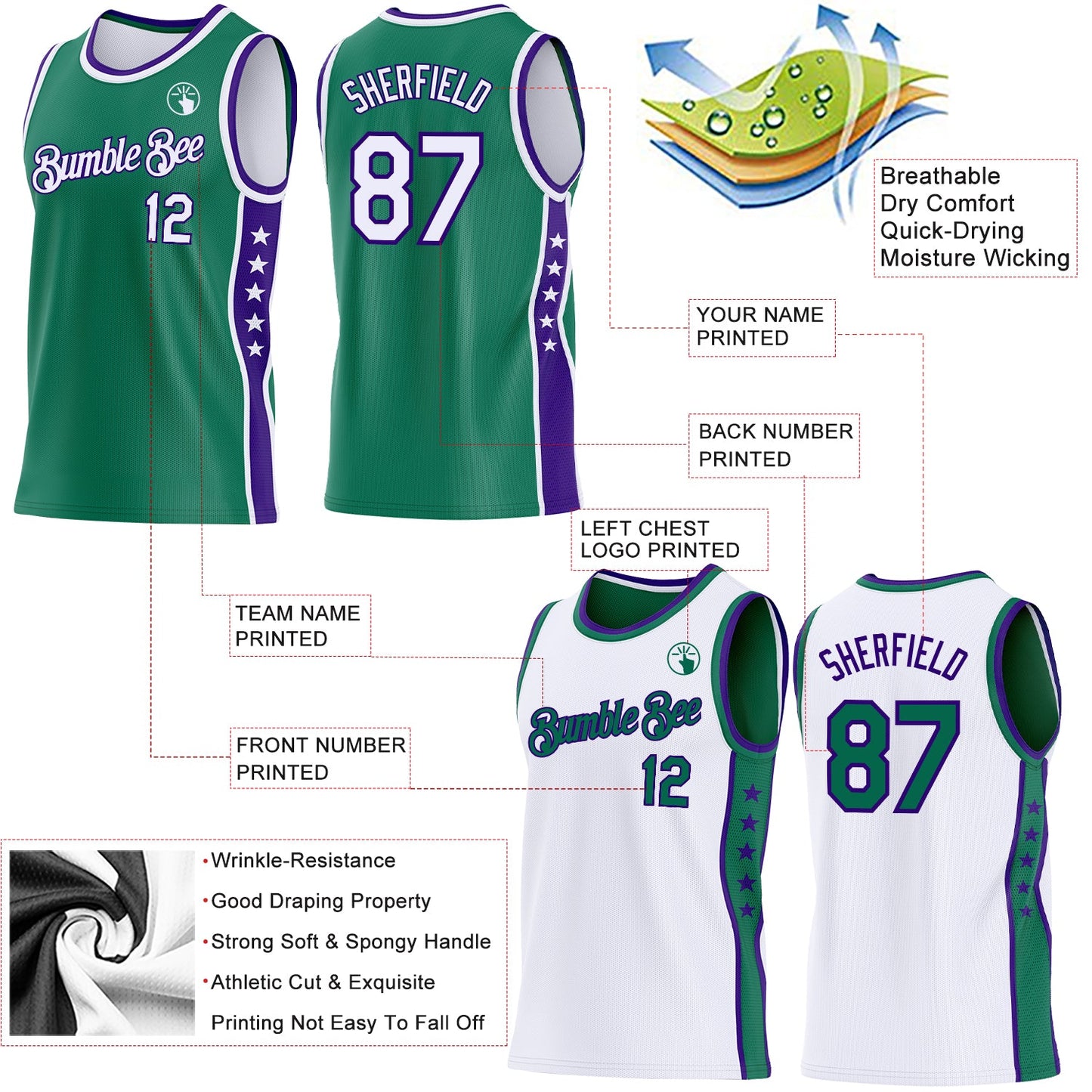 Custom Reversible Kelly Green White-Purple Double Side Star Sublimation Basketball Set Jersey view 5