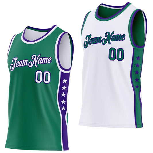 Custom Reversible Kelly Green White-Purple Double Side Star Sublimation Basketball Set Jersey - Main View