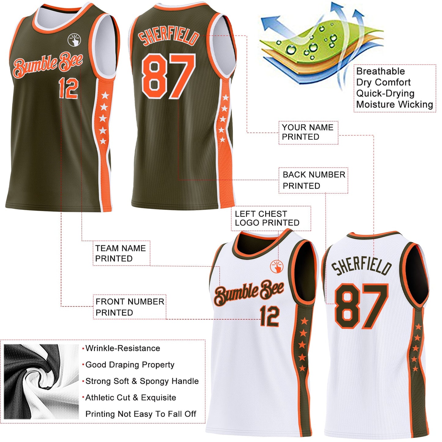 Custom Reversible Olive Orange-White Double Side Star Sublimation Basketball Set Jersey view 5
