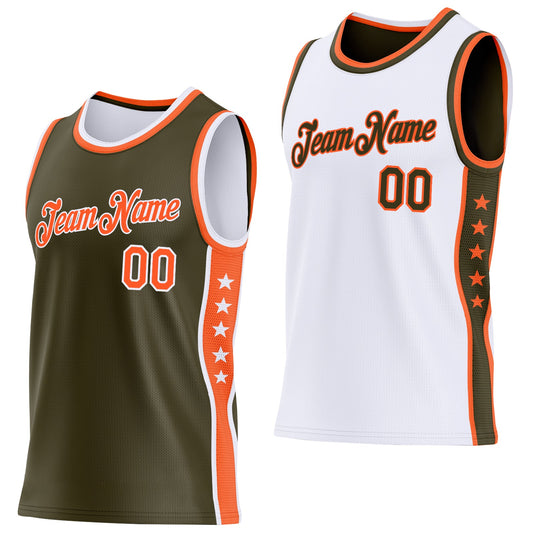 Custom Reversible Olive Orange-White Double Side Star Sublimation Basketball Set Jersey - Main View