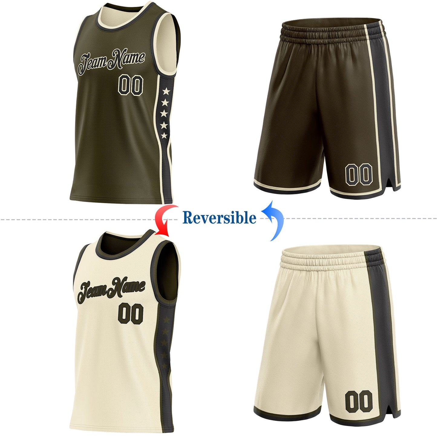 Custom Reversible Olive Black-Cream Double Side Star Sublimation Basketball Set Jersey view 2
