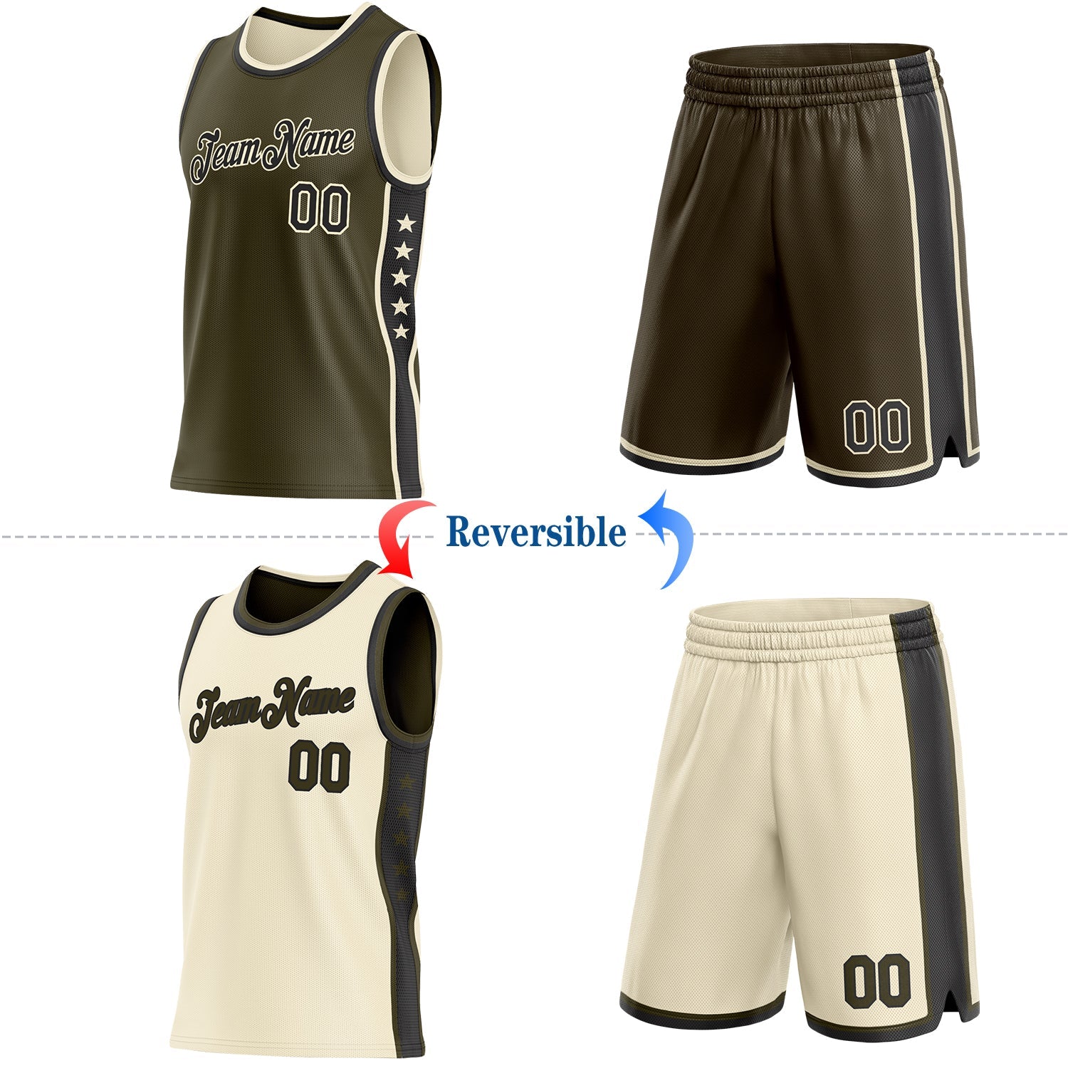 Custom Reversible Olive Black-Cream Double Side Star Sublimation Basketball Set Jersey view 2