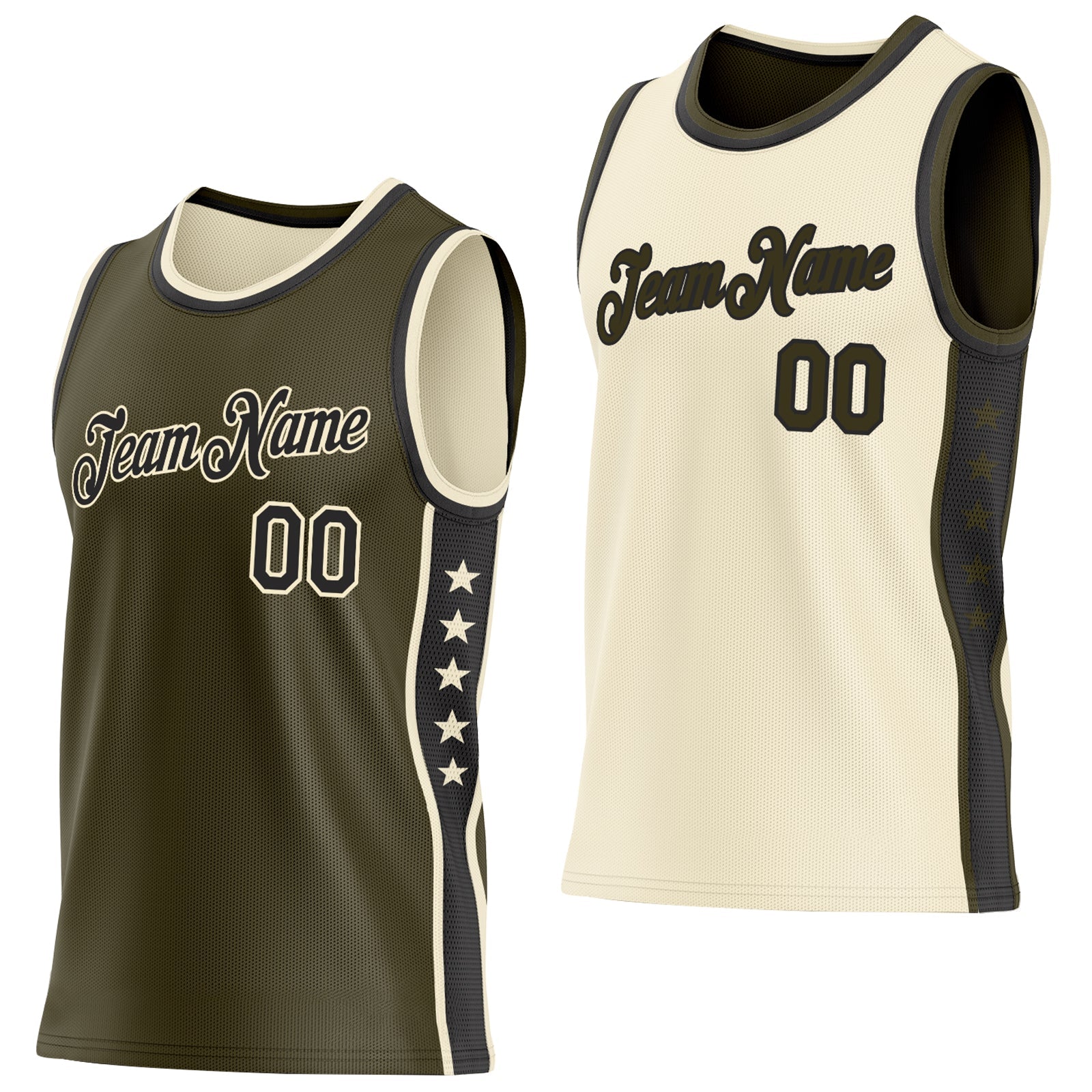 Custom Reversible Olive Black-Cream Double Side Star Sublimation Basketball Set Jersey - Main View