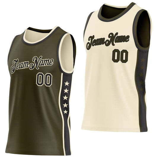 Custom Reversible Olive Black-Cream Double Side Star Sublimation Basketball Set Jersey - Main View