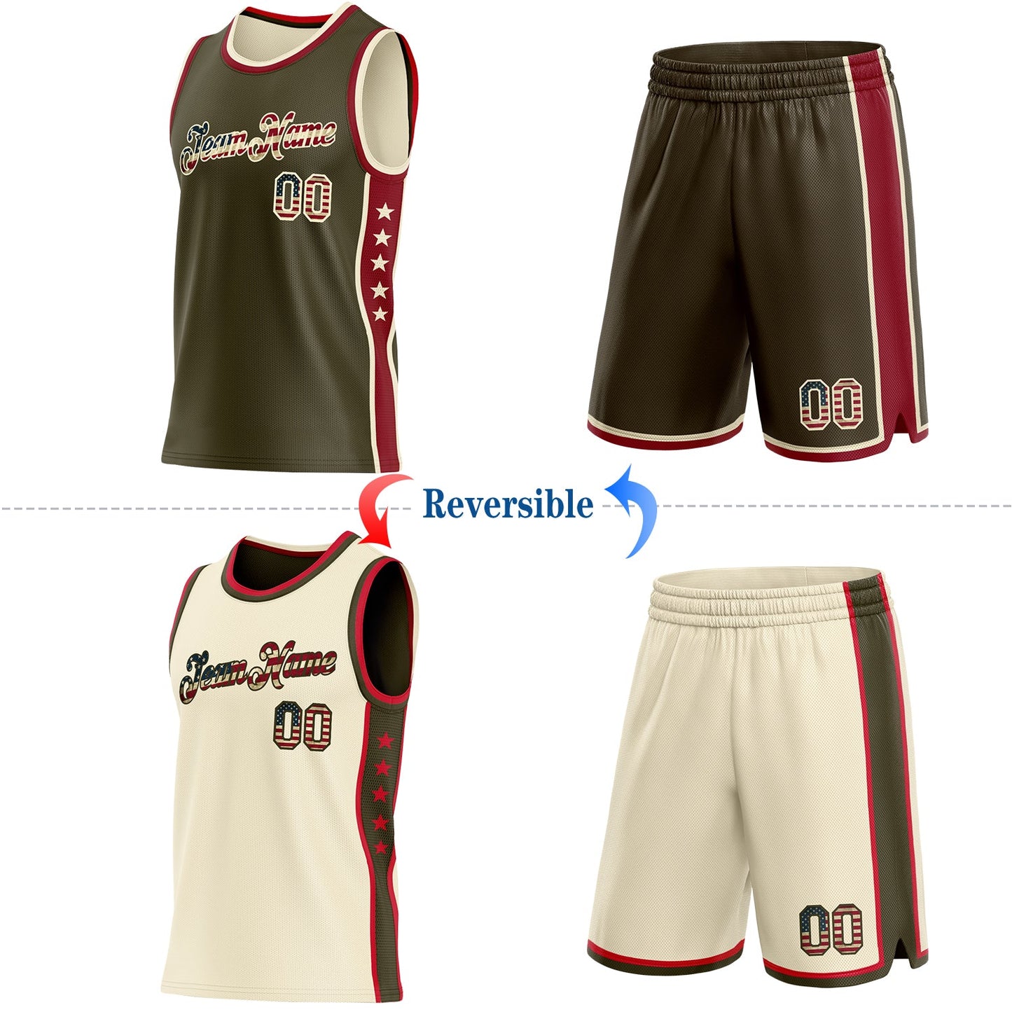 Custom Reversible Olive Vintage USA Flag-Cream Double Side Star Sublimation Basketball Set Jersey view 2