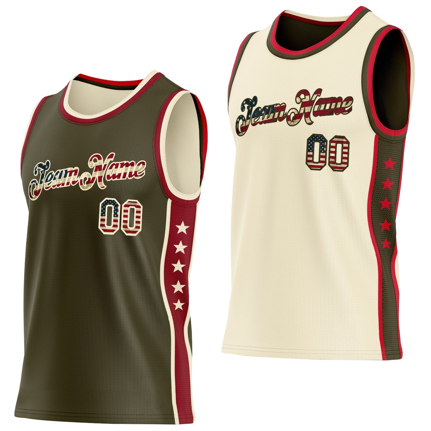 Custom Reversible Olive Vintage USA Flag-Cream Double Side Star Sublimation Basketball Set Jersey - Main View