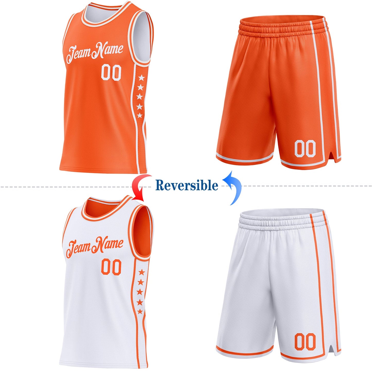 Custom Reversible Orange White Double Side Star Sublimation Basketball Set Jersey view 2