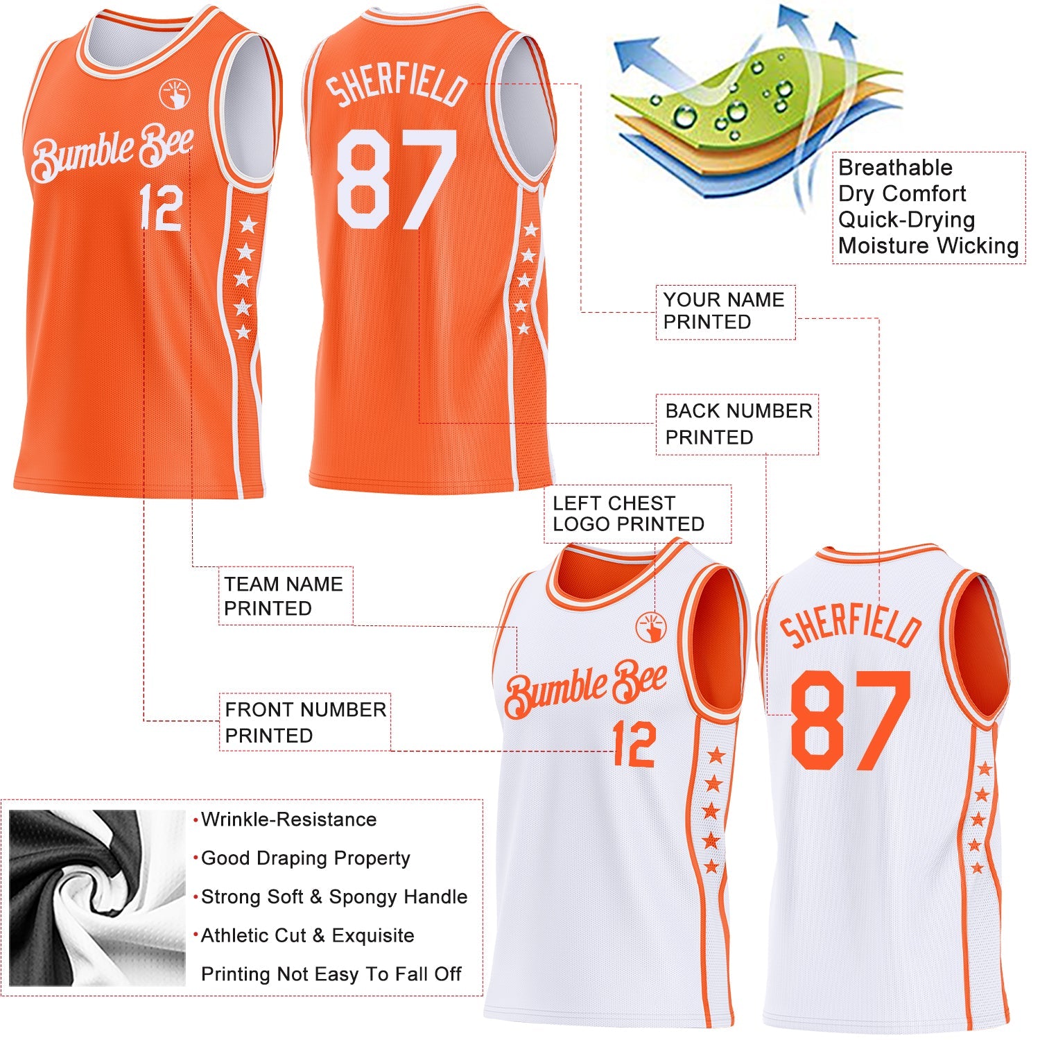 Custom Reversible Orange White Double Side Star Sublimation Basketball Set Jersey view 5