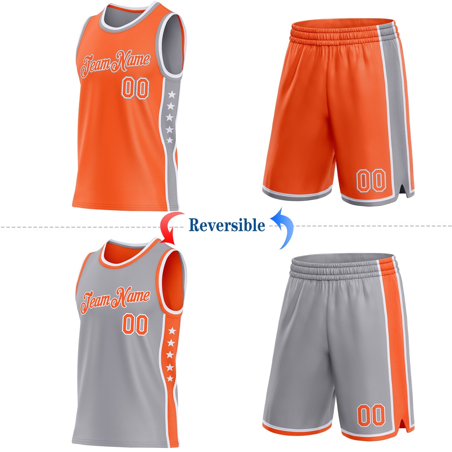 Custom Reversible Orange White-Gray Double Side Star Sublimation Basketball Set Jersey view 2