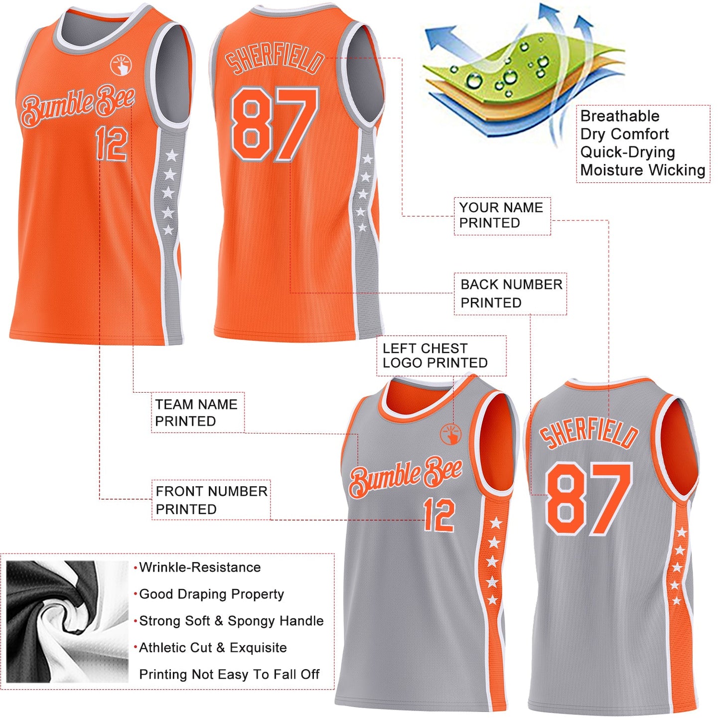 Custom Reversible Orange White-Gray Double Side Star Sublimation Basketball Set Jersey view 5