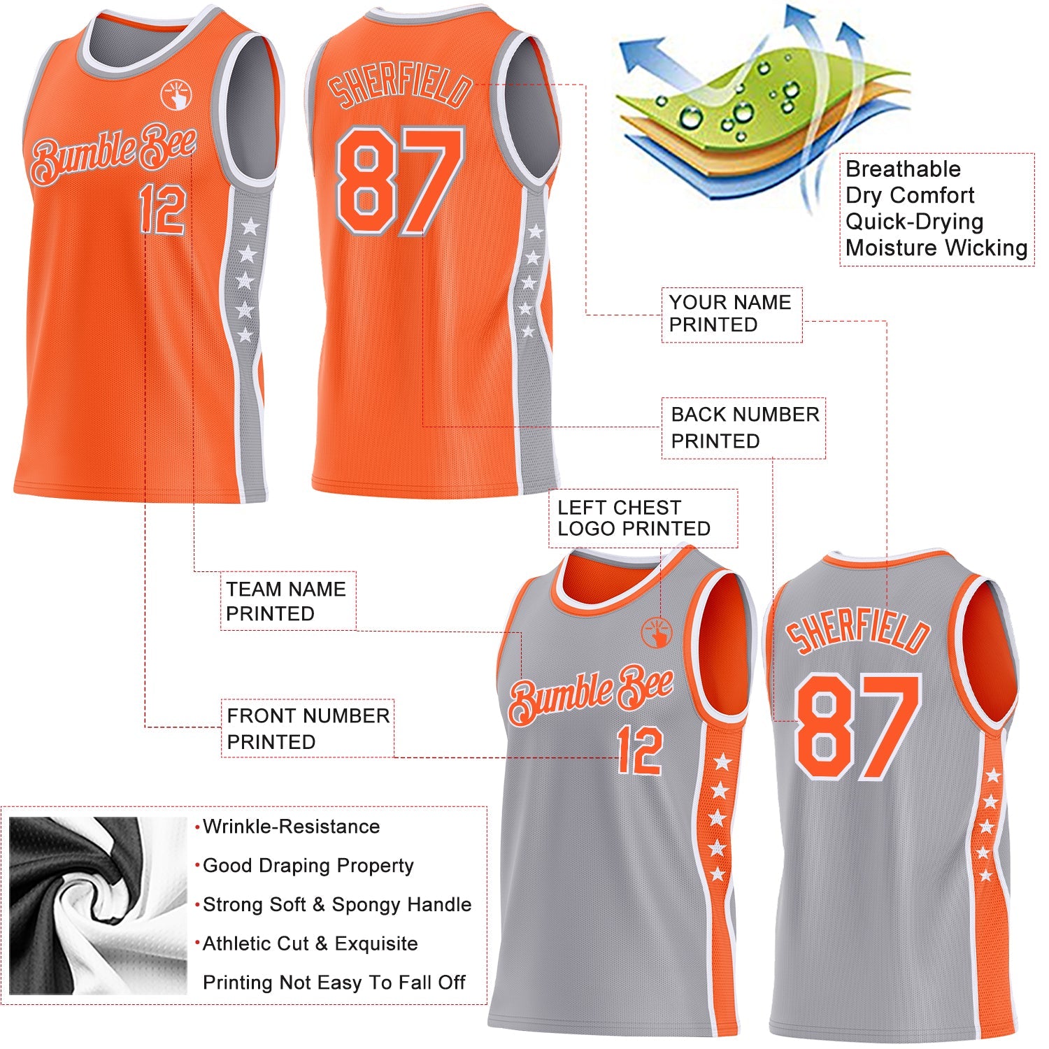 Custom Reversible Orange White-Gray Double Side Star Sublimation Basketball Set Jersey view 5