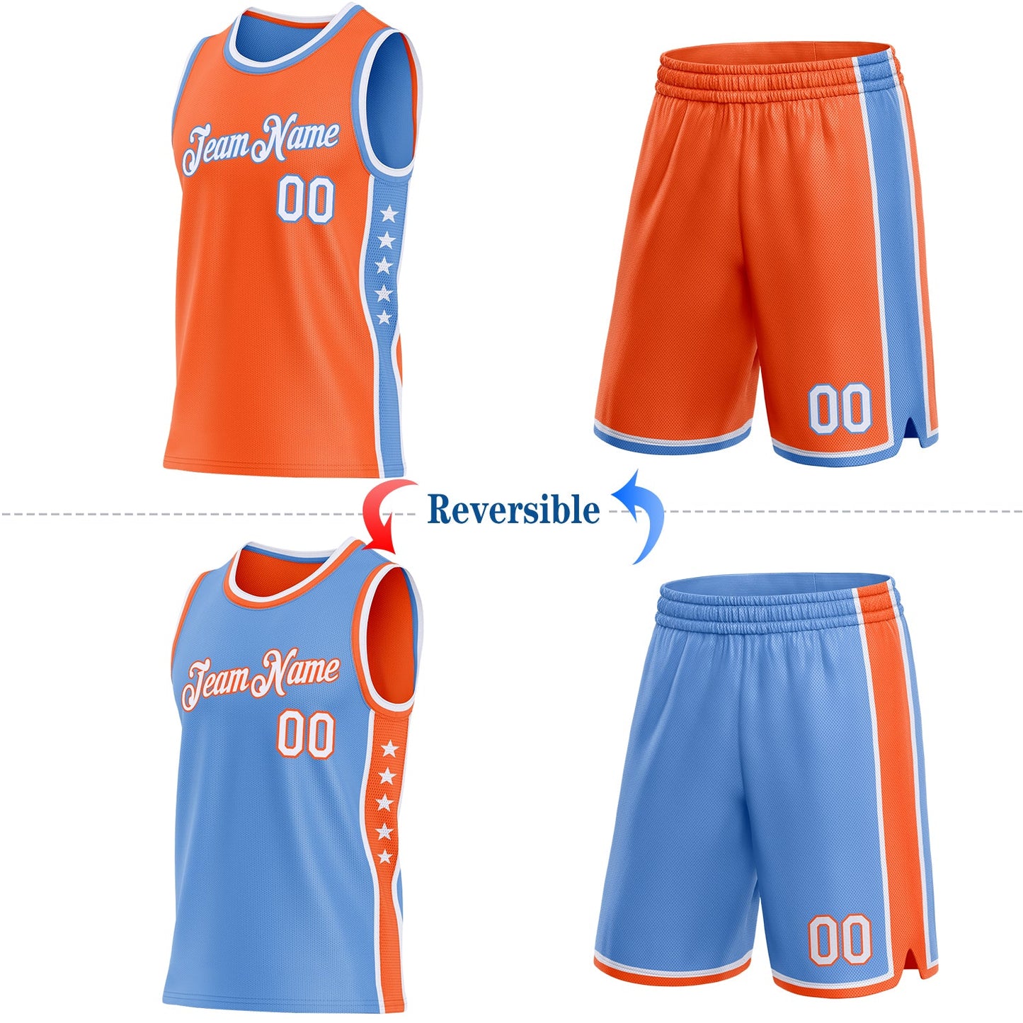 Custom Reversible Orange White-Lakes Blue Double Side Star Sublimation Basketball Set Jersey view 2