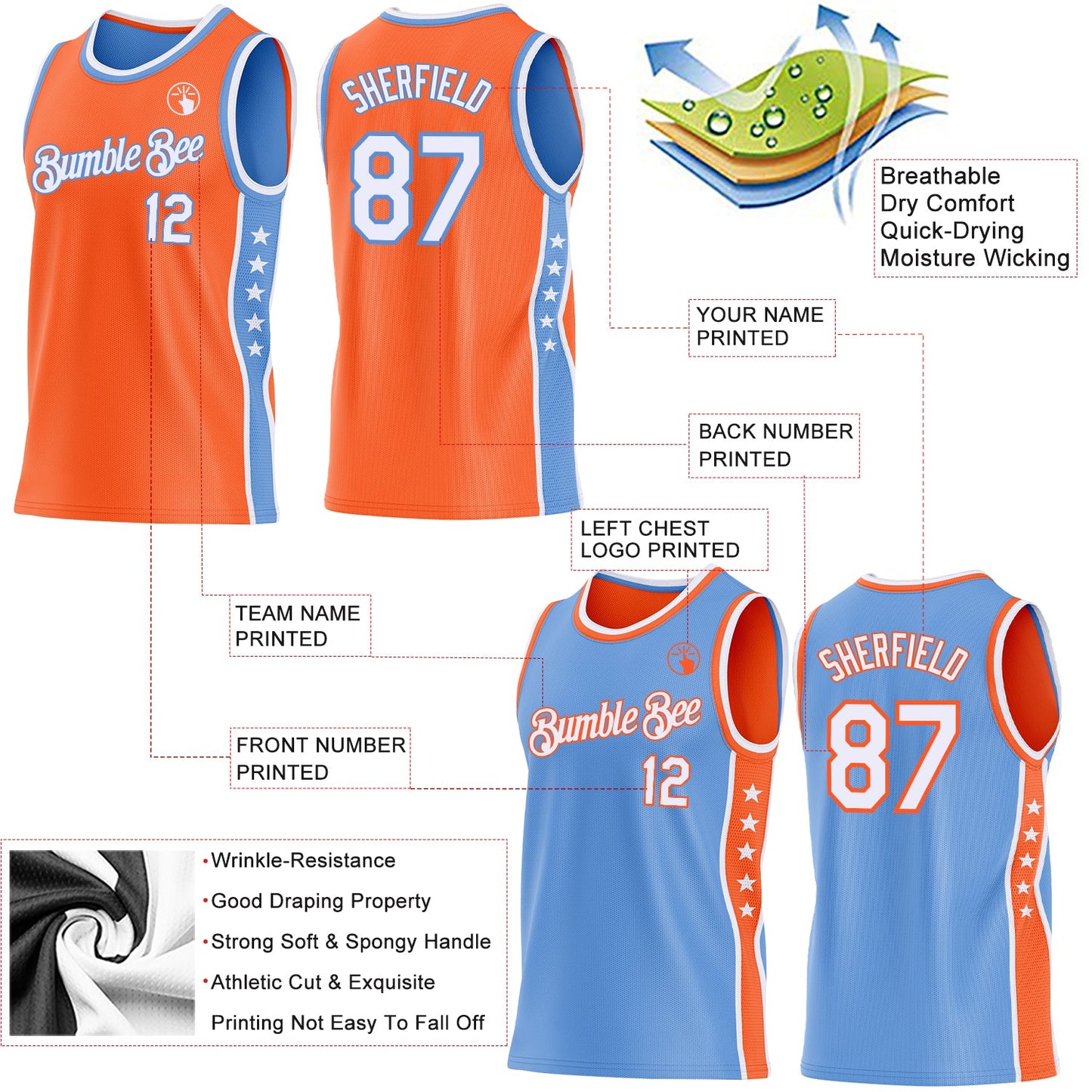 Custom Reversible Orange White-Lakes Blue Double Side Star Sublimation Basketball Set Jersey view 5