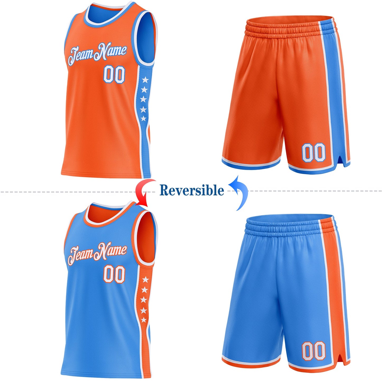 Custom Reversible Orange White-Powder Blue Double Side Star Sublimation Basketball Set Jersey view 2