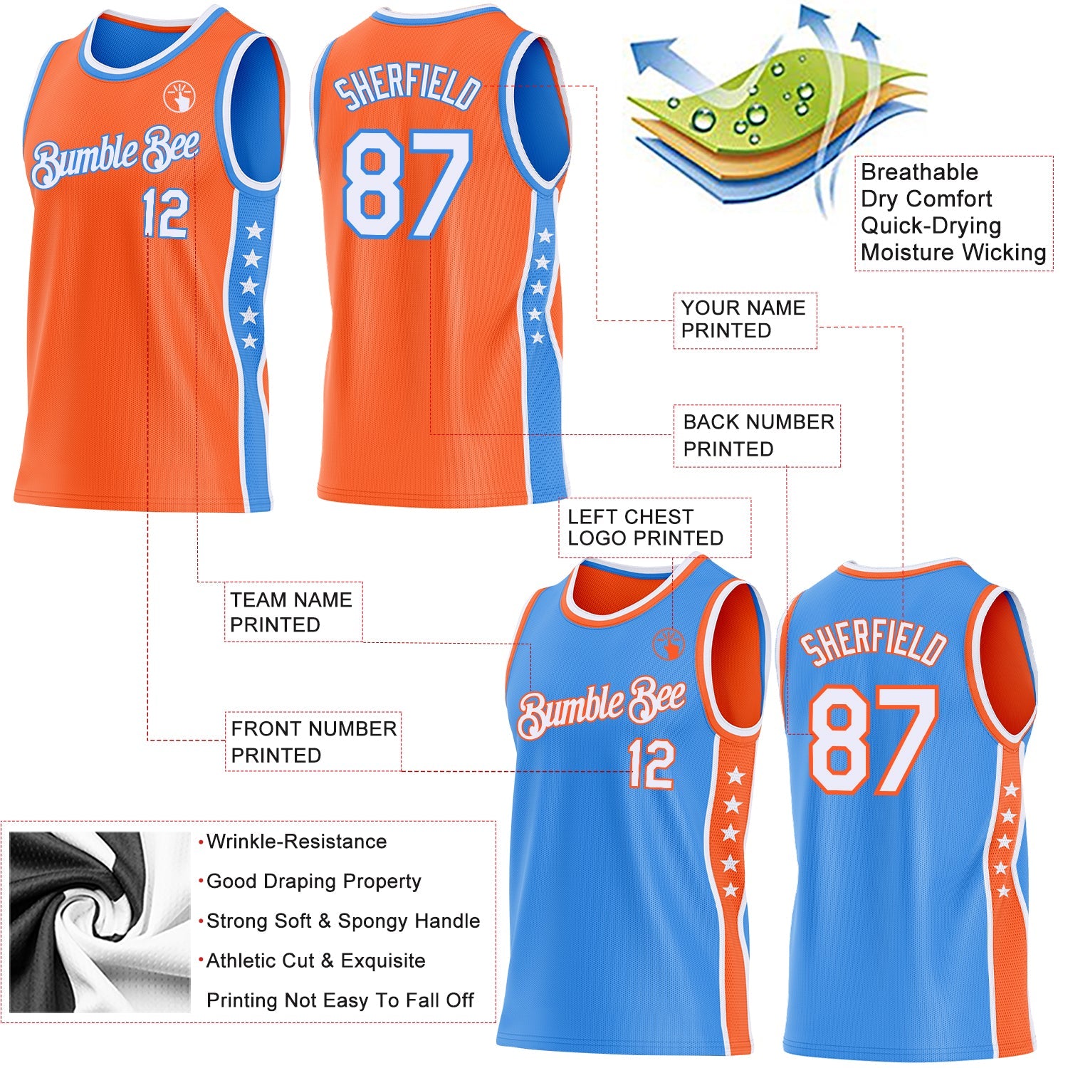 Custom Reversible Orange White-Powder Blue Double Side Star Sublimation Basketball Set Jersey view 5